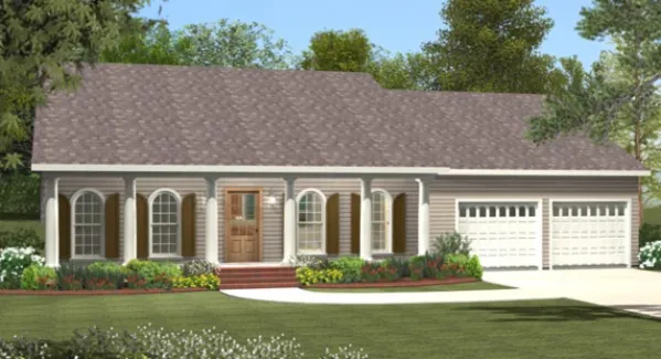 Интересный проект одноэтажного дома  площадью  до 200 кв.м с гаражом на 2 машины и с 3 спальнями подходит для постоянного проживания. В большой спальне есть ванная. Также перед домом есть веранда..