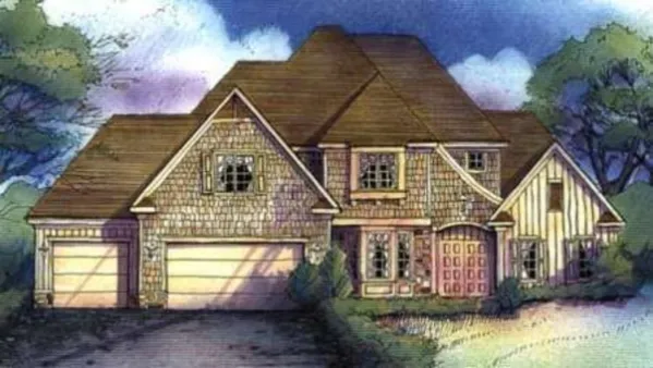  Facade of this fairytale style house has mixed materials, bay window and faced with stone, vertical siding. A hip roof, a complex roof with large front-facing gables completes the look of this house.…