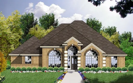  This house plan has and faced with brick. A complex hip roof and tall arched windows complete the look of this house. House plan is 54 feet wide by 51 feet deep and provides 1730 square feet of…
