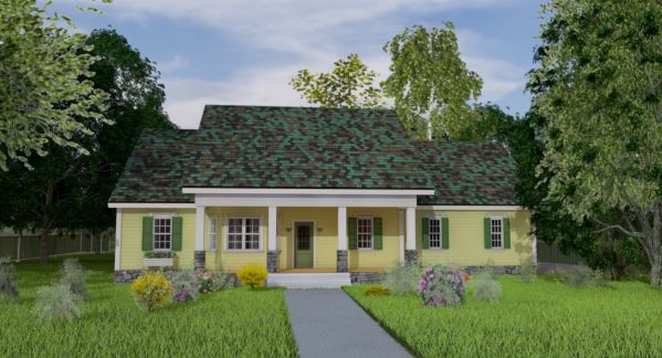 Plan V-5138-1-3: One-story 3 Bed Scandinavian House Plan With Bay Window and Front and Rear Porches