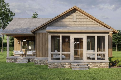 With two porches and 100 square meters of heated space, this two-bedroom rustic cottage house plan is ideal. You can enjoy 23 square meters of bug-free fresh air on the screened porch. The great room,…