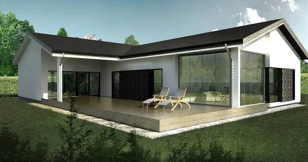  This contemporary house facade has clean lines, broad glass entrance, panoramic windows and faced with stucco. Low-pitched gable roofs completes the look of this house. House plan is 64 feet wide by…