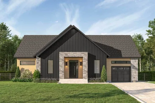 This Contemporary home plan features contrasting exterior colors, along with stone accents enhancing the outstanding curb appeal. The mudroom with entrance to the laundry room and one garage space is…