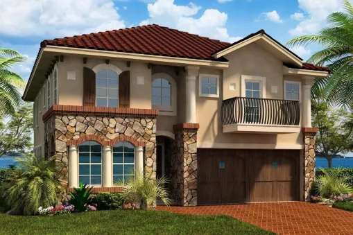 The exterior of this two-story house plan has a Mediterranean feel with clay roof tiles and stone accents. Step inside to find a quiet study to the left of the entryway, followed by the combined…