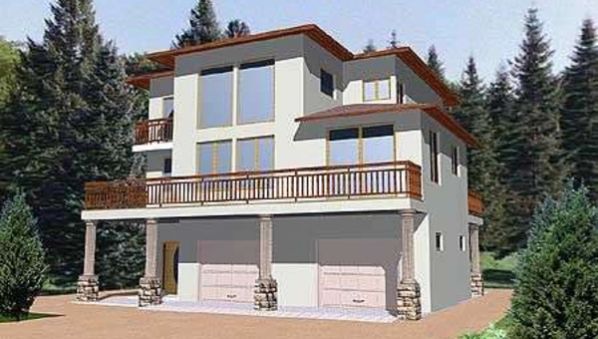 Three-story plan of a flat-roof high-tech house with a garage on the first floor