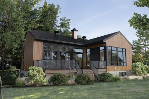 This contemporary house plan is just under 100 square meters and features a 3.6-meter-deep back porch as well as an abundance of windows on the front and rear elevations. The eat-in kitchen is open to…