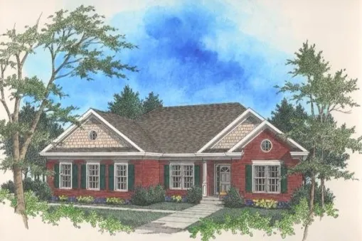  This French countryside house facade has windows with nice shatters and faced with brick and wood shakes. A hip roof with large front-facing gables completes the look of this house. House plan is 55…