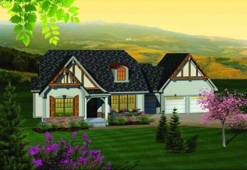 Popular single-story country-style home plan with oversized garage and two…