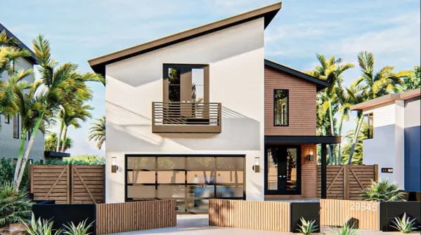 This 32-foot-wide, modern two-story home would fit in a narrow lot. Wood siding accents have been added to the stucco facade of the house. Two shed roofs of different widths meet above the…