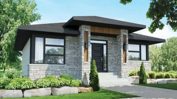 Contemporary house plan with airlock entry foyer. The facade of the house is faced with stone and wood. Large windows give a lot of daylight. The foyer is located two steps below the main level. The…