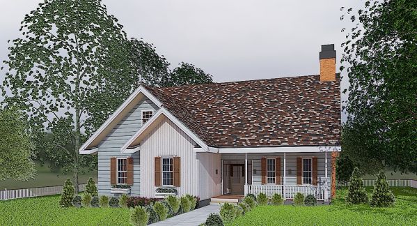 One-story 3 Bed House Plan With Corner Fireplace on Rear Porch