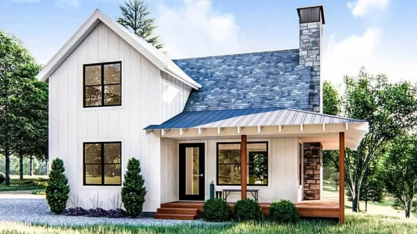 This is a modern farmhouse style cottage plan with board and batten siding and contrast window and door frames. The house plan is suitable for an 