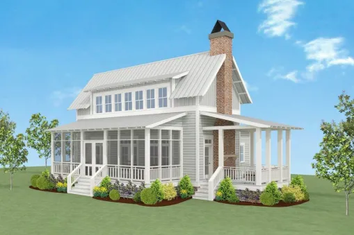 Three porches on different sides of the house and a wide dormer window give charm to this country house with an attic.
Open plan and master bedroom on the first floor with windows on two sides - two…