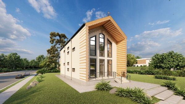 Two-story Barn style house plan with panoramic windows is suitable for lovers of modern style. The layout of the house includes 3 bedrooms, main room, kitchen and sauna.