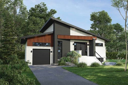 This contemporary home plan blends a variety of contemporary siding materials nicely. The sharp shed roof completes the design. Double doors greet you as you enter, and your outdoor clothes are neatly…