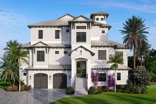 This three-story contemporary beach house plan has four bedrooms, four bathrooms, and a large three-car garage. To maximise views, the primary living area is situated on the third floor of this…