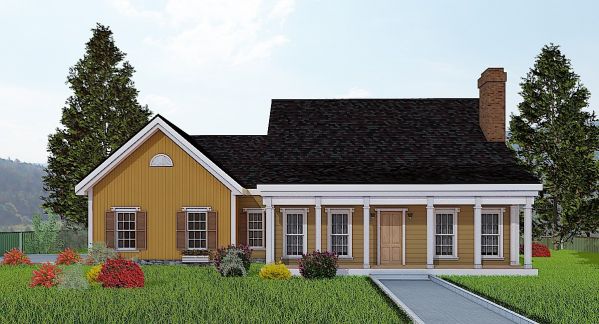 Plan of a single-storey house with porches and a garage