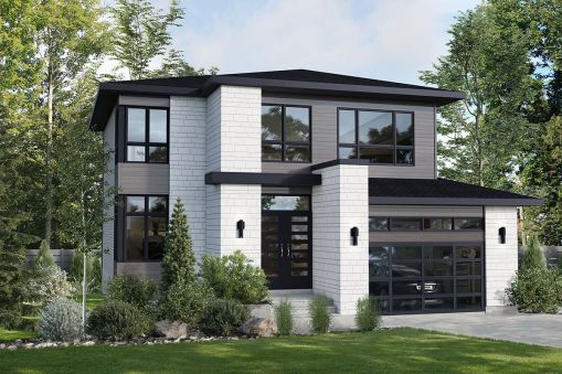 This modern 2-story house plan features a stone and siding exterior as well as a prominent 1-car garage with a glass garage door. Two doors lead to an 11-foot-high foyer with a closet on the left. The…