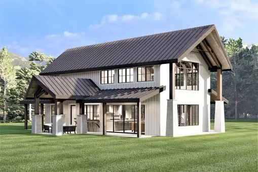 The metal roofing, vertical paneling, and stone-base columns in this barndominium-style house plan give it a contemporary appearance that helps it shine out. This layout works well for a getaway home,…