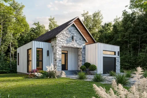 This Contemporary house plan features two forward-facing gables with board and batten siding and stone accents. A covered porch welcomes you inside, where the entry hall and garage entry merge. The…