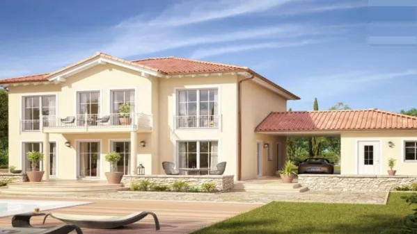 The Mediterranean style of this house is beautifully expressed in the plastered facade with large windows and the hip tile roof.