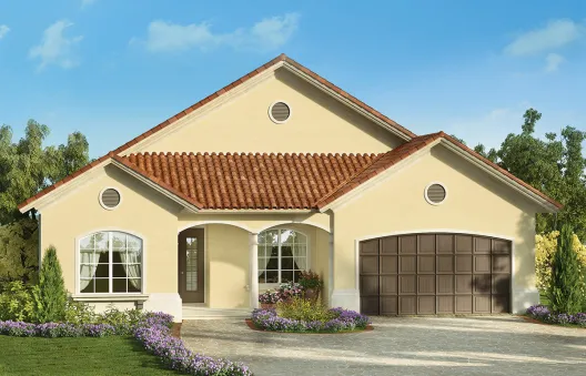 A sunken front porch and a two-car garage welcome you to this Mediterranean home plan. A transitional buffer from public to private spaces, 10-foot stepped ceilings, large open room layouts, front and…