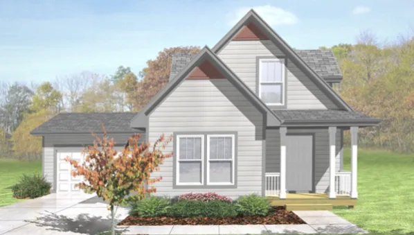  This home perfectly suited for a small lot. House facade has horizontal siding. A gable roof with several gable peaks completes the look of this house. House plan is 43 feet wide by 40 feet deep and…