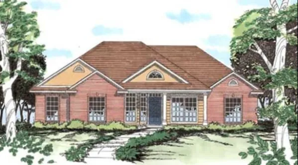  This home perfectly suited for a zero lot.  House facade has brick and stucco on gables, large windows. A complex roof with large front-facing gables completes the look of this house. House plan…