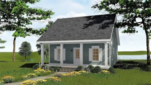 Plan a small house up to 1100 sq. ft.. for a summer house with a veranda and 2 bedrooms. The house has a living room with a kitchen combined into one room. There is a fireplace in the living room and…