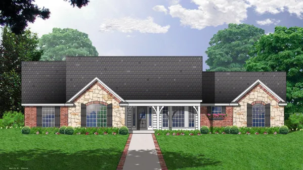  This house facade has corners decorated with limestone quoins, large windows and faced with brick, stone. A complex roof with large front facing gables completes the look of this house. House plan is…