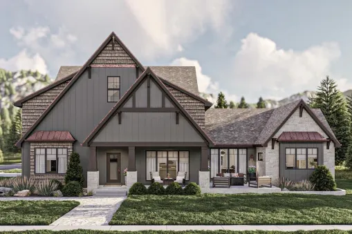 The 2,240 square feet of heated living that this 2-story contemporary Tudor-style house plan offers includes four bedrooms, four bathrooms, and the option to add a finished lower level that adds two…