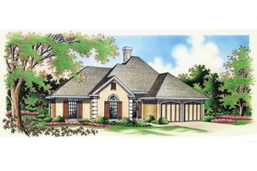  This French countryside house facade faced with stucco and has corners decorated with limestone quoins, arched windows, and doors with keystones. A steep hipped roof completes the look of this…