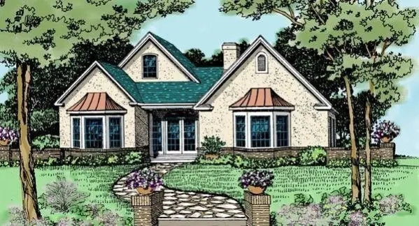  This home suited for a corner lot due to a side entry garage. House facade has bay windows and stucco walls. A complex roof with large front-facing gables completes the look of this house. House…