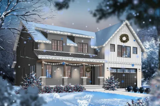 The layout of this 5 bedroom farmhouse in Scandinavian style has a great exterior with horizontal and vertical siding. A metal standing seam roof extends over the front veranda, adding charm to the…