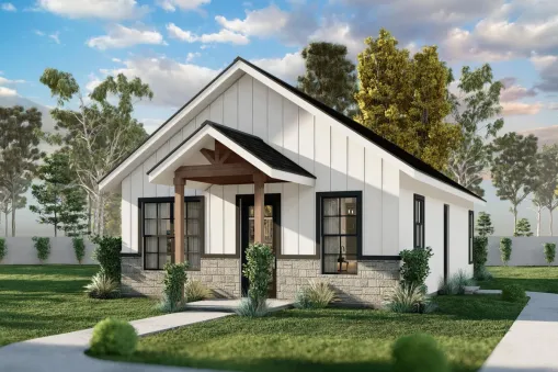 This country cottage house plan features a front porch and 963 square feet of heated living space with two bedrooms and two bathrooms. Through the front porch, you will find a large living area that…