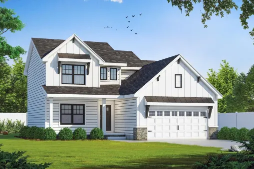 This New American house plan has an exciting exterior with roof brackets, shed roofs and board and batten siding giving it great curb appeal. The family entrance off the garage has a bench with hooks…