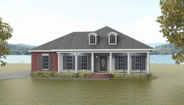  This house facade has windows with nice shatters, bay window, sash window and faced with brick and stucco. A hip roof, with several dormers with arched windows, completes the look of this house.…