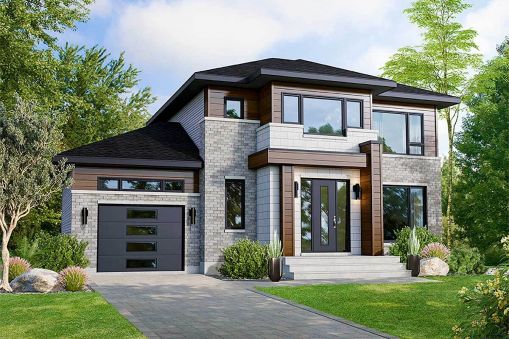 This modern, three-bedroom house plan includes a striking front elevation with elements of concrete and wood siding. Upon entry, a pair of closets surround the foyer. You enter into a space with an…