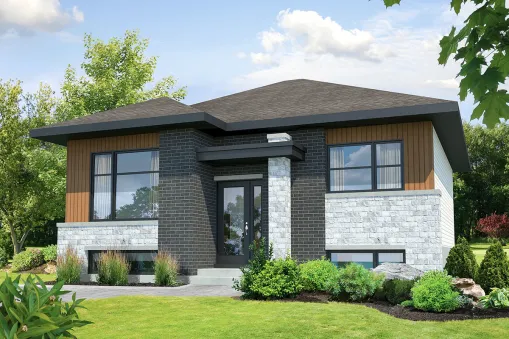 This modern, 2-bedroom home plan features hip and valley rooflines that are balanced on top, as well as a choice of external materials that add to the home's charm and curb appeal. A flat porch roof…