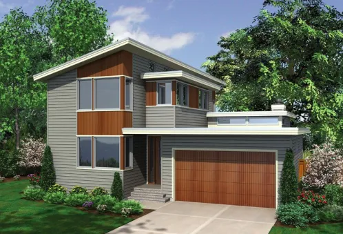  This contemporary home perfectly suited for a narrow lot. The house facade has large windows, clerestory window above the garage and faced with horizontal wood boarding and vertical siding. A…