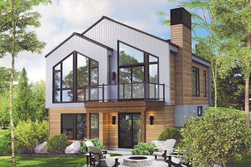 Large, angular windows in this modern, three-bedroom house plan let in enough natural light to illuminate the open floor plan. The focal point of this house has an open floor plan and is placed close…