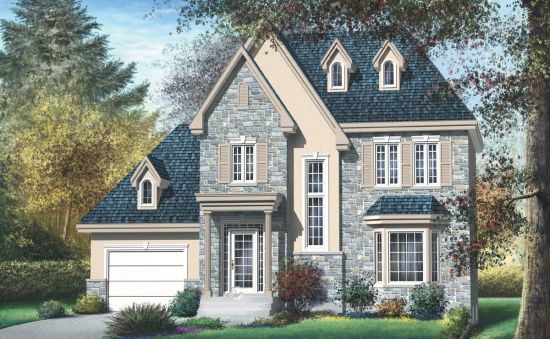 This 2 story 3 bedroom French house plan with a steep hip roof and stone…