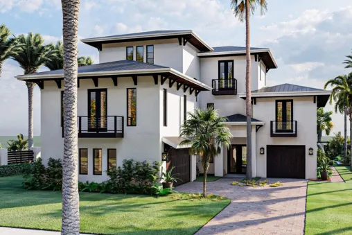 This Mediterranean-style home plan has a solid exterior built using the CMU block wall construction, ideal for humid climates. A split-load garage and wooden beams highlight the façade of the house.…