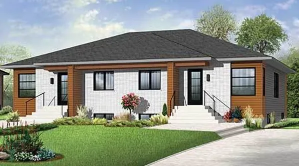 Popular single-story, modern-style 2-family home plan with up to 2,150 sq. ft. with two bedrooms in each apartment is suitable for permanent living.