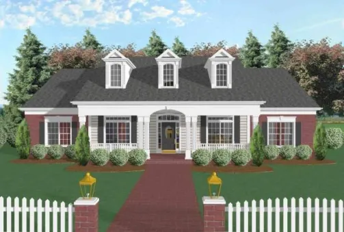  This house facade has front porch arches, mixed materials, broad glass entrance, transom windows, skylight windows and faced with fiber cement siding, horizontal siding, stucco. A gable roof…