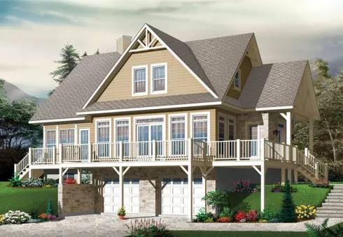 This home perfectly suited for a sloping lot. This country house plan has large windows and faced with horizontal siding. A steeply pitched roof with several gable peaks and gable end brackets…