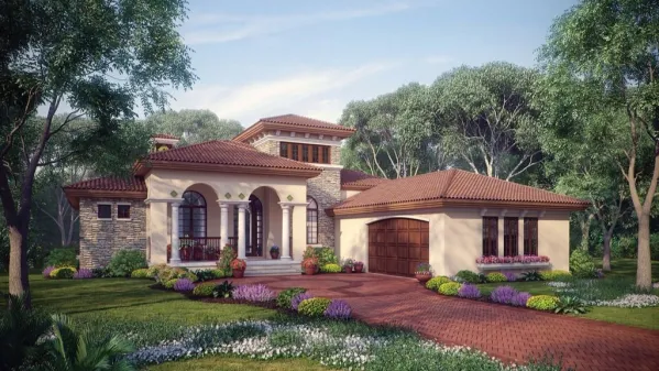 With a beautiful Mediterranean-style facade, single-story house plan with…