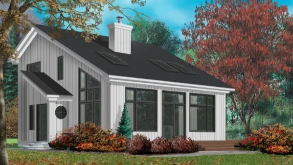 Plan a frame home to 1610 sq. ft. in Barnhouse style with 3 bedrooms and large veranda windows, giving the home a modern look. One…