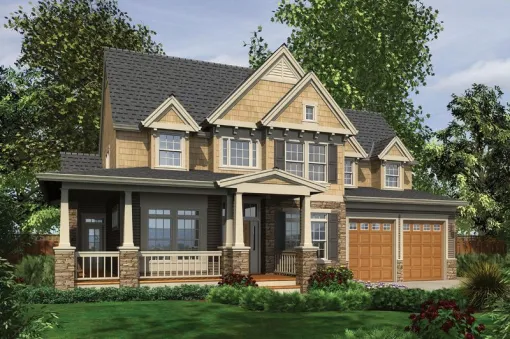  This country house meet you with a front porch with wooden columns on stone bases, bay window, sash windows and it's facade faced with wood shakes. A complex roof with large front-facing…