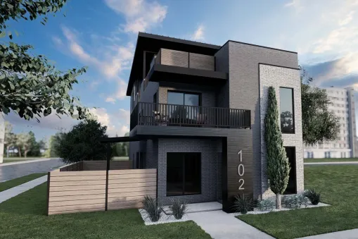 This contemporary house plan features a third-floor office, rooftop outdoor living space, and 242 square meters of heated living space with three bedrooms and two and a half bathrooms. This home…